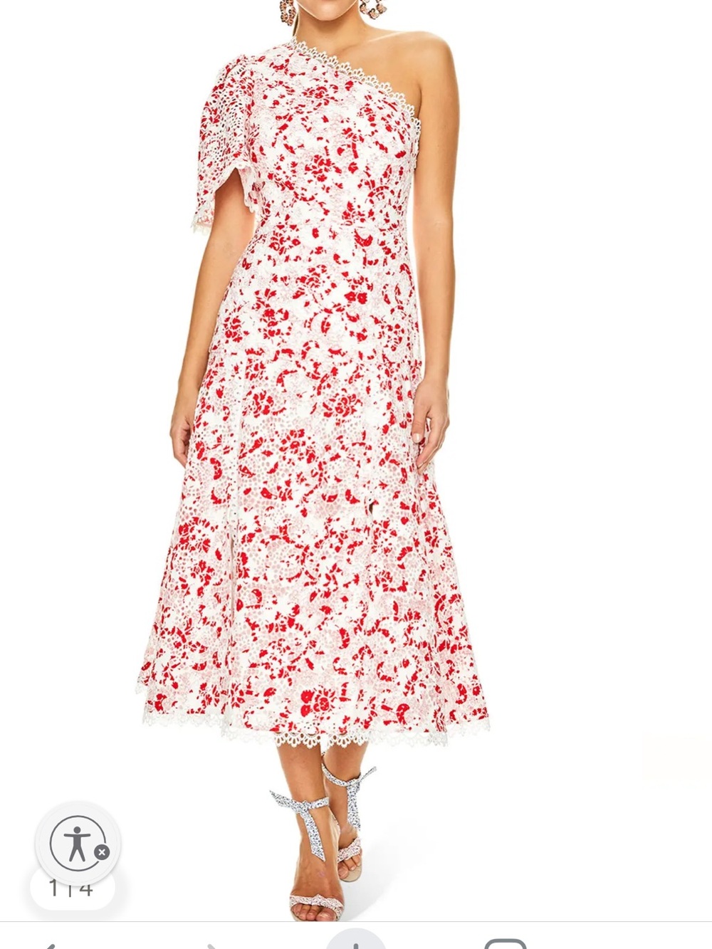 One-Shoulder White Dress with Red Floral Lace